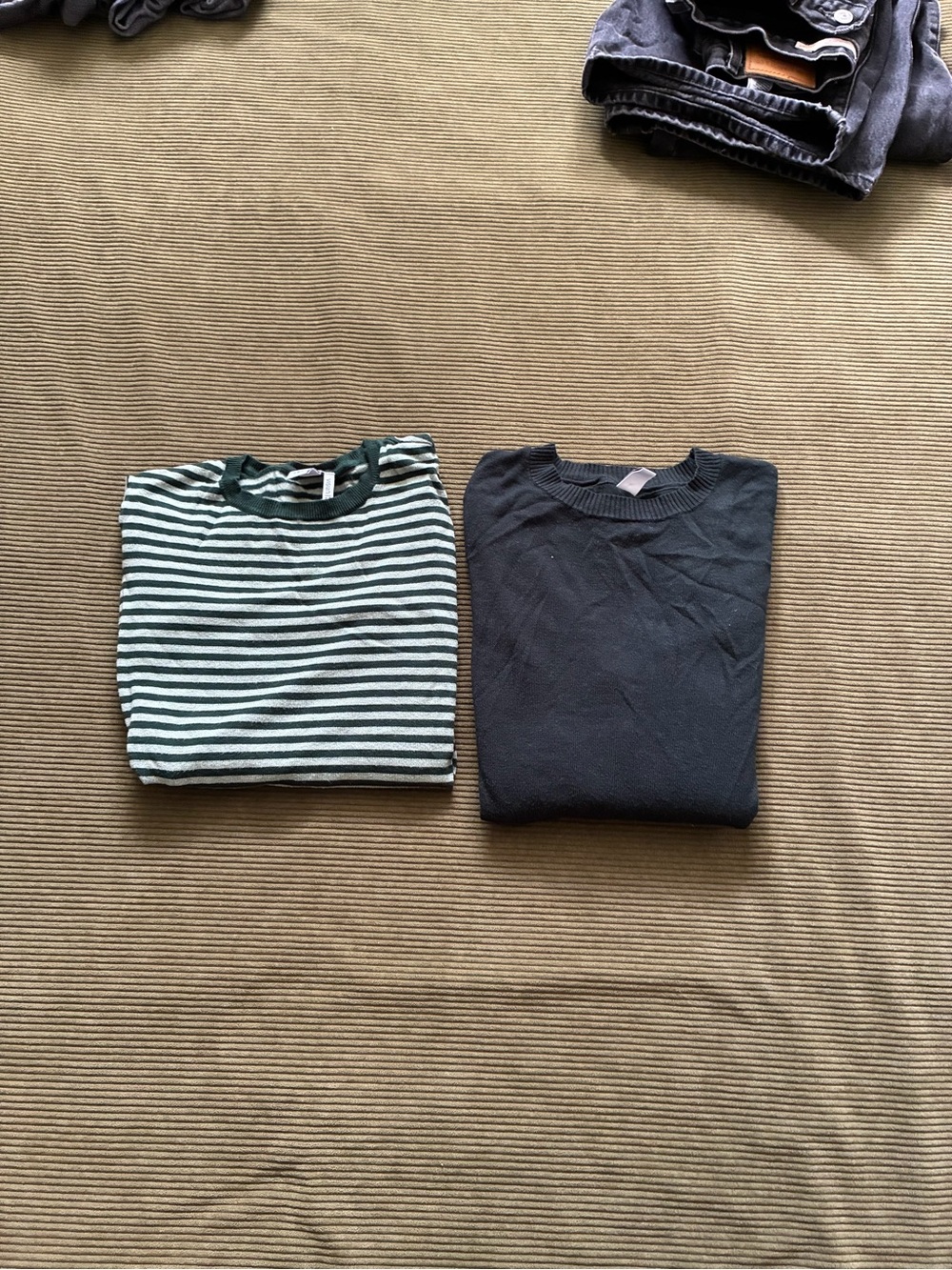 Bundle of Simons Green and Black Striped Sweater with Dark Green Sweater